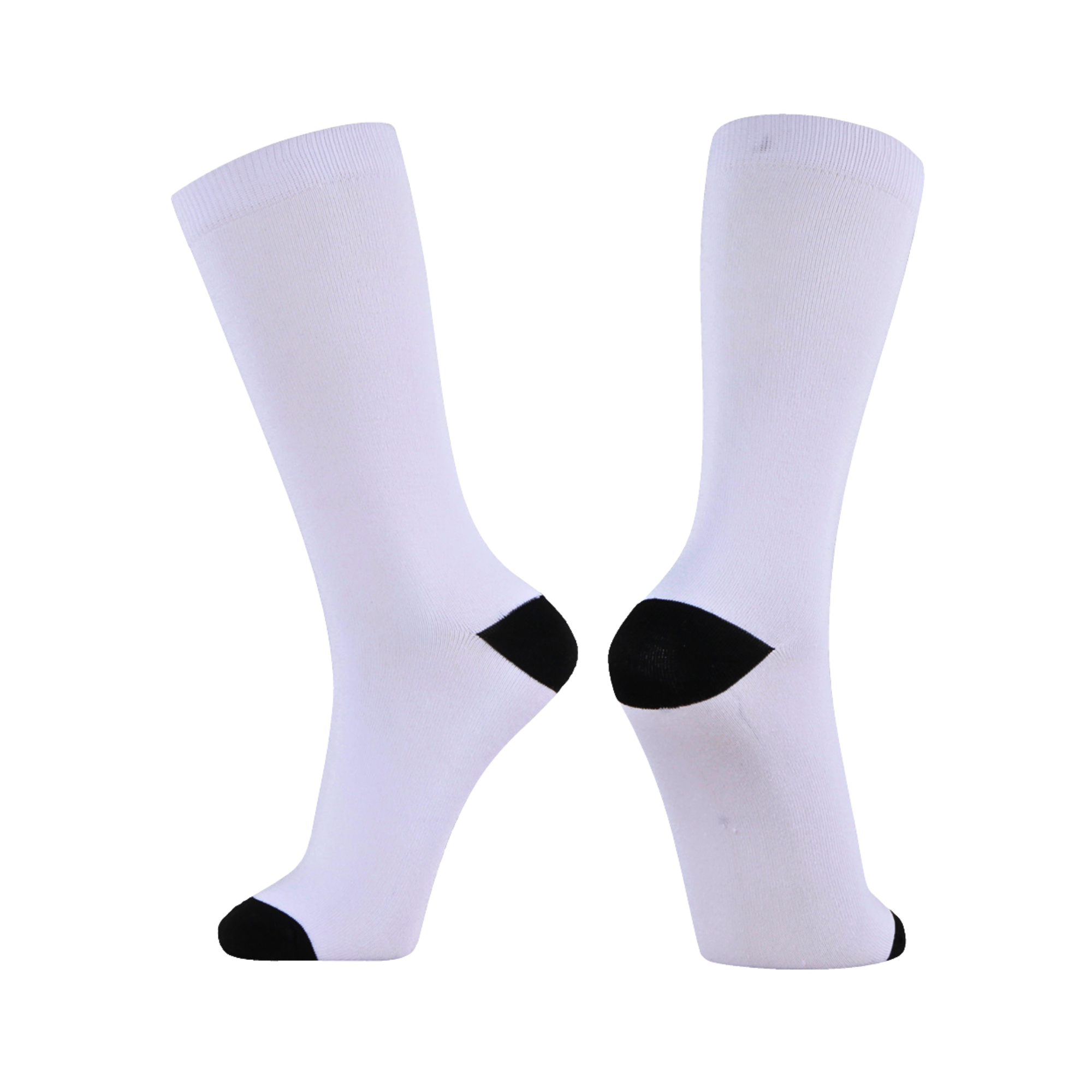 Blank white crew sock CS-PS02 with black heel and toe, ready for sublimation and 360 digital printing
