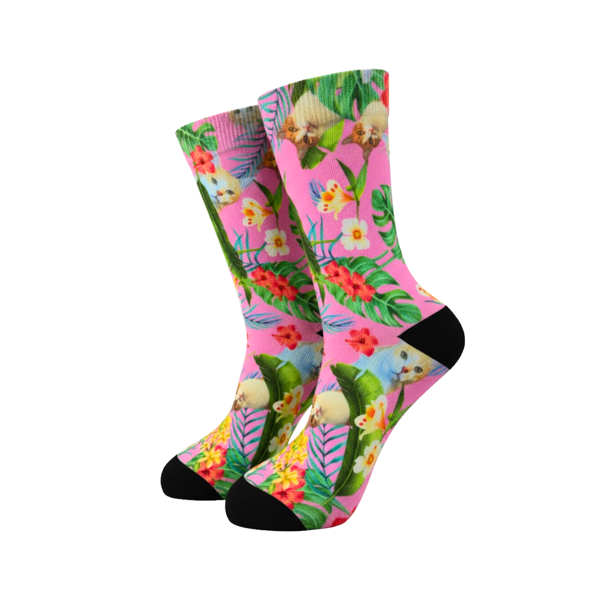 Custom branded socks with a company logo placed on a preset background, printed 360 degrees